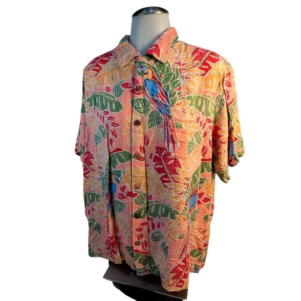 Caribbean Silk Blend Button Down Shirt Mens Large Pink Tropical Parrot Palm Leaf